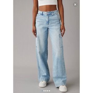 American Eagle Super High Rise Baggy Wide Leg Cargo Jeans Womens 10